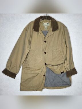 Vtg LL Bean Men Small Tan Canvas Chore Barn Coat Corduroy Collar Lined Cabincore